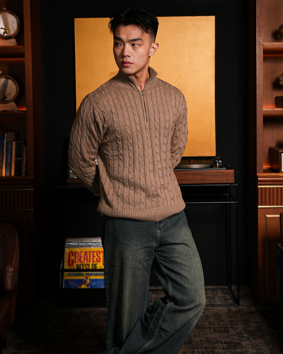 Cable-Knit Cotton GG Half-Zip Sweater - Brown