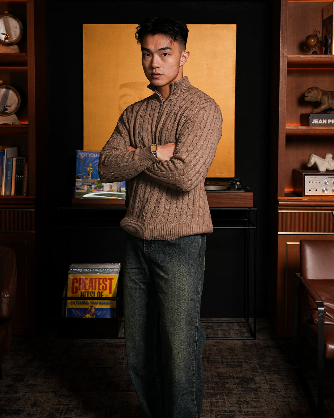 Cable-Knit Cotton GG Half-Zip Sweater - Brown