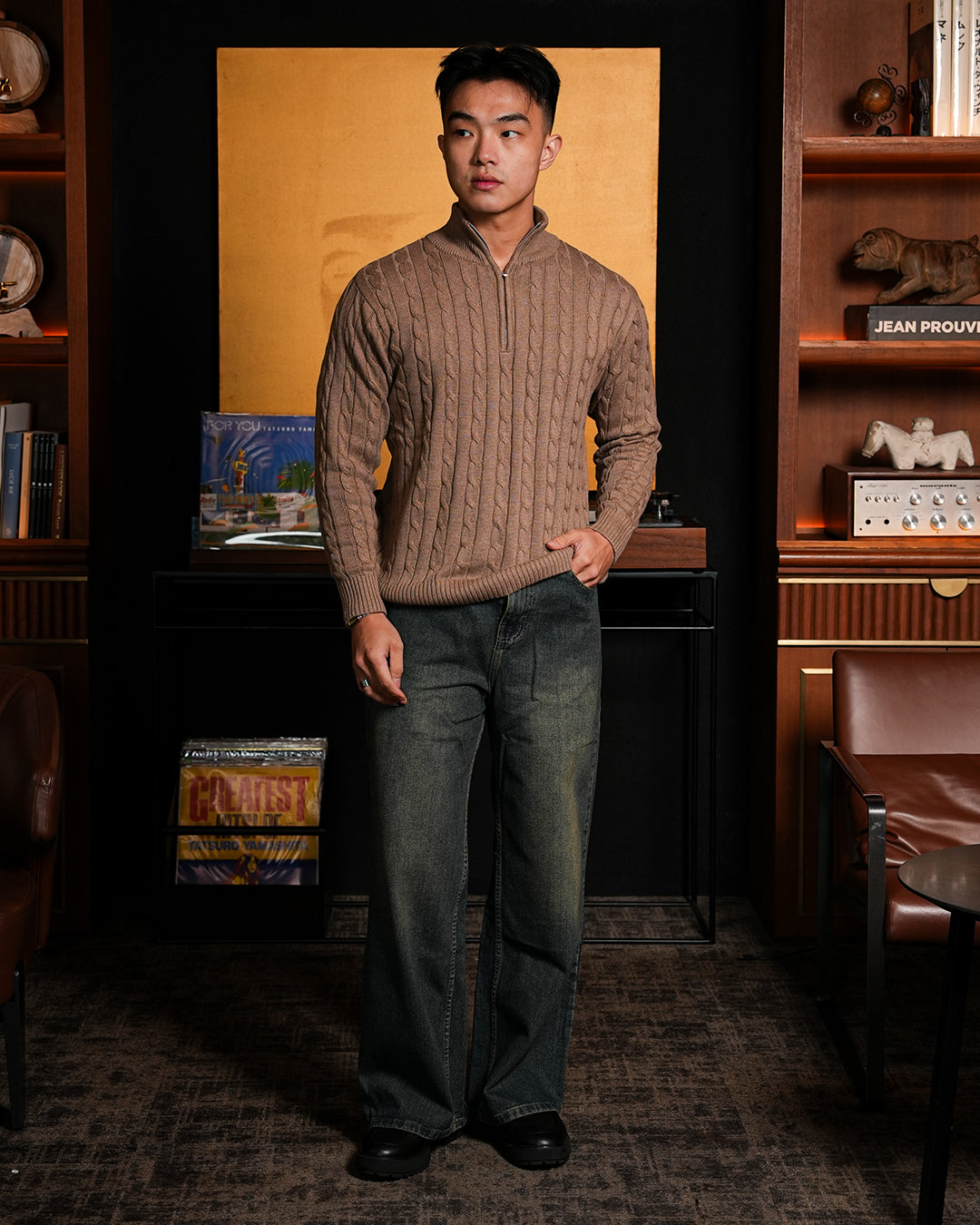 Cable-Knit Cotton GG Half-Zip Sweater - Brown