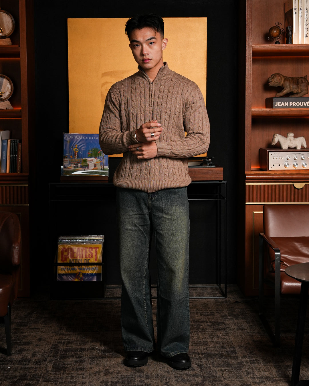 Cable-Knit Cotton GG Half-Zip Sweater - Brown