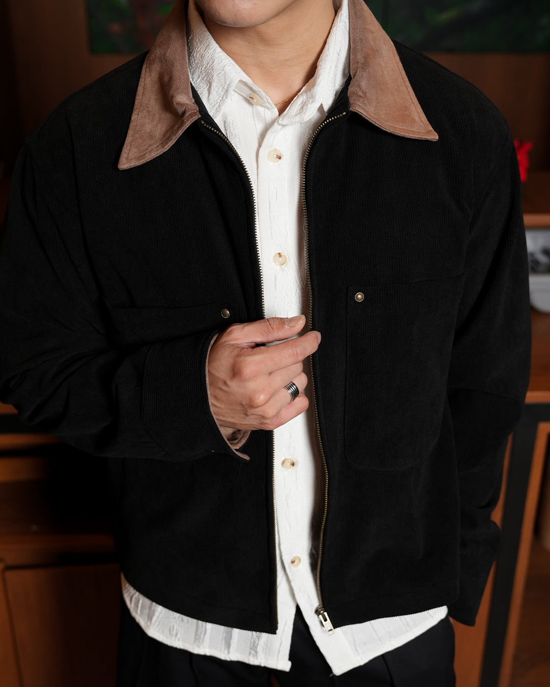 Corduroy Zipper Work Jacket - Black