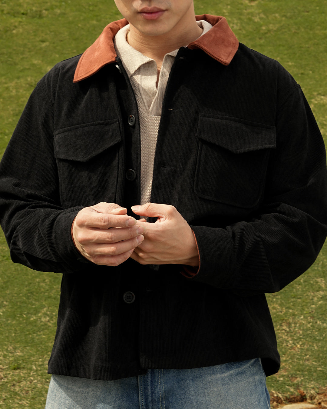 Essentials Corduroy Button Work Jacket - Black