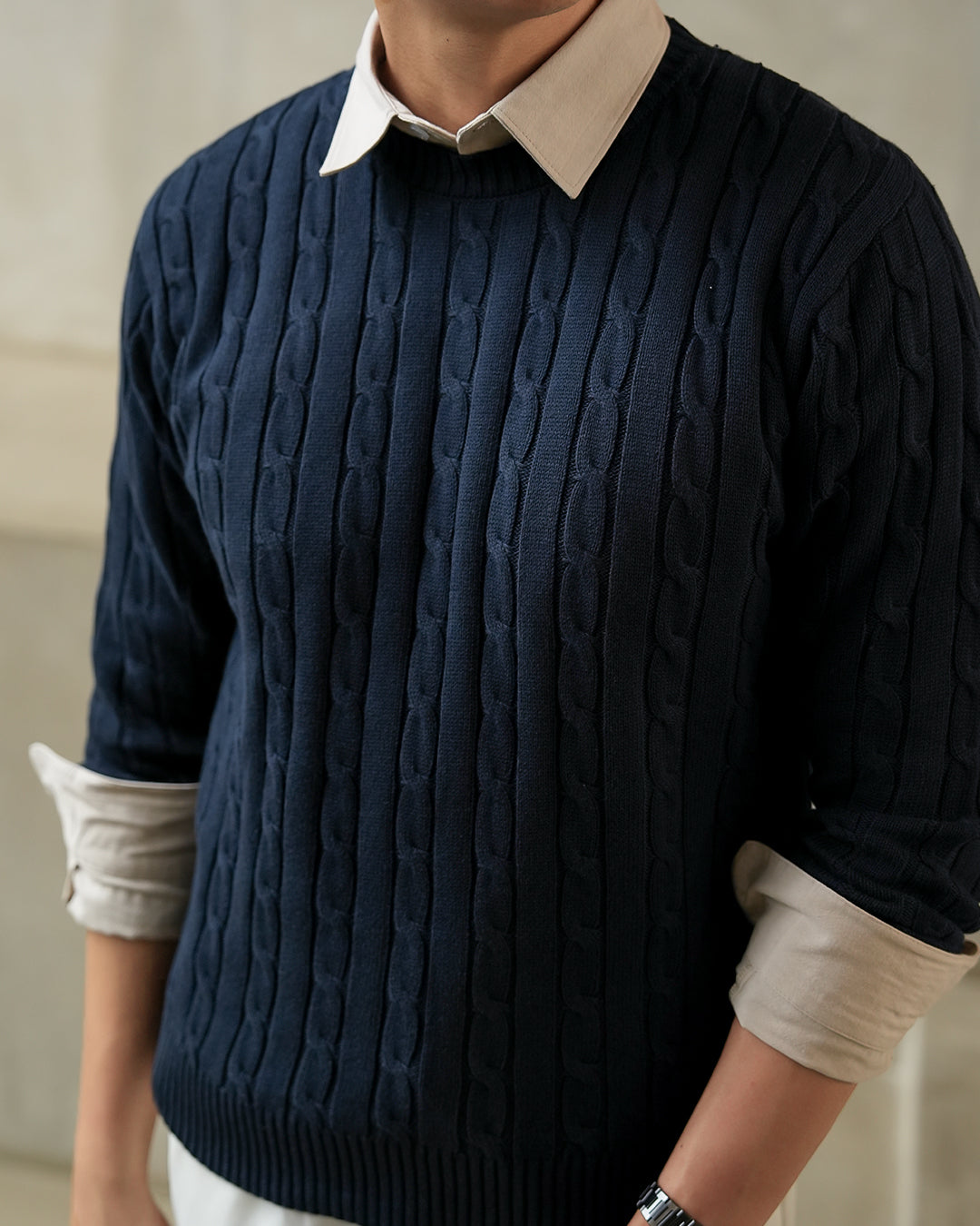 Crewneck Cable-Knit Cotton GG Sweater - Navy