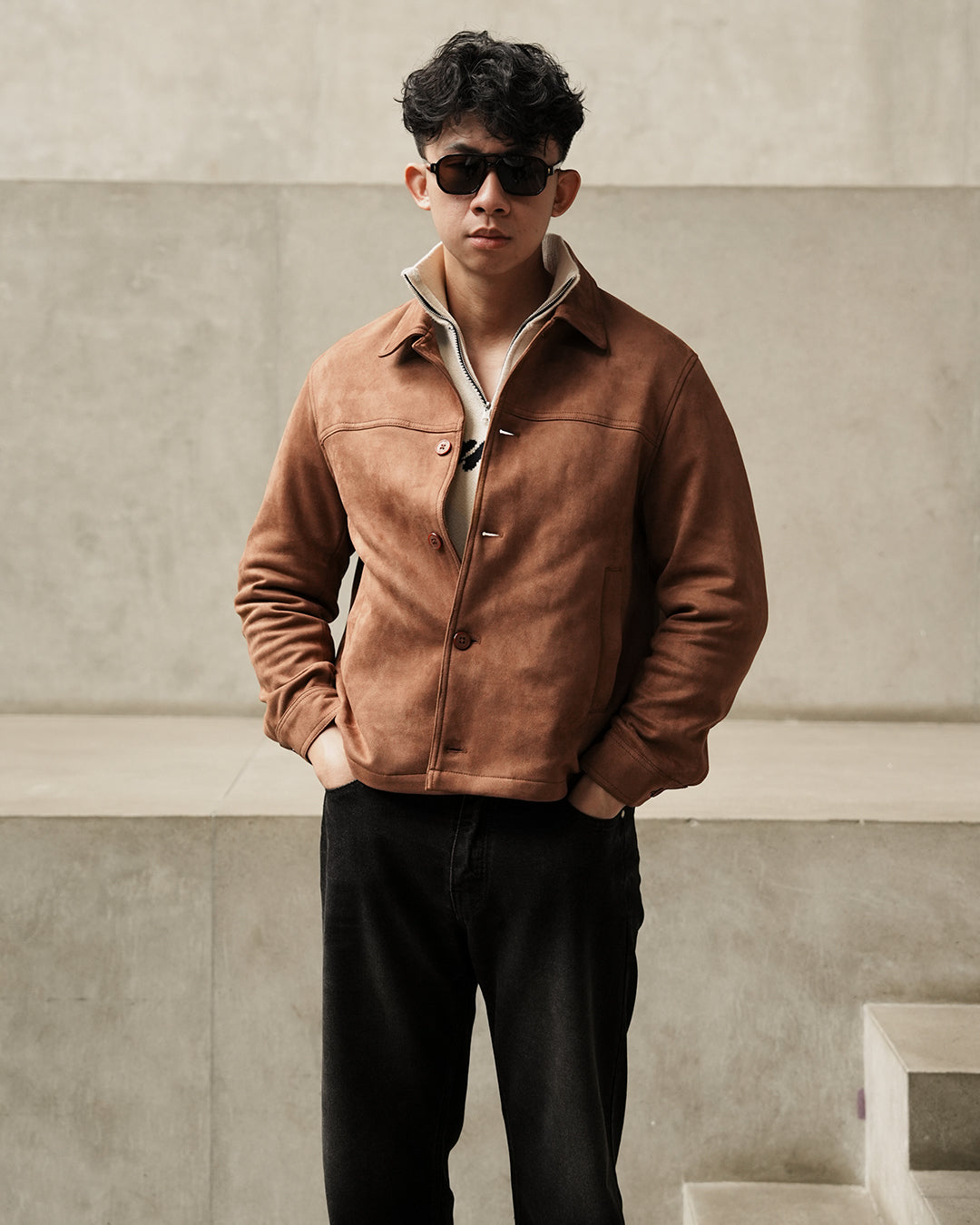 Minimal Button Suede Jacket - Camel