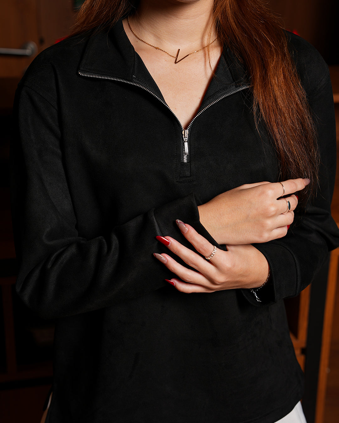 Polo Halfzip Suede Longsleeve  - Black