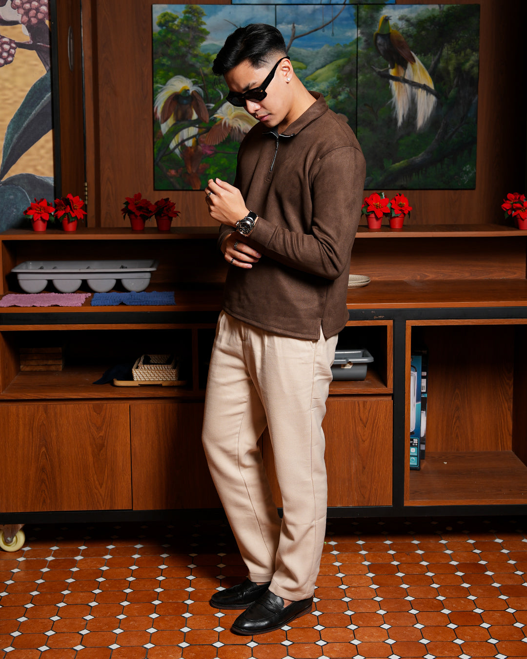 Polo Halfzip Suede Longsleeve  - Coffee