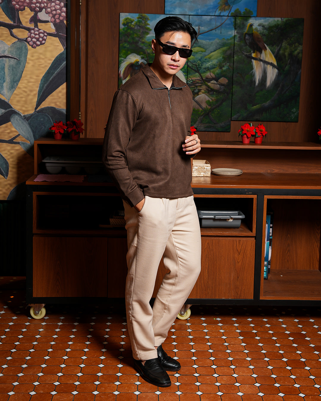 Polo Halfzip Suede Longsleeve  - Coffee
