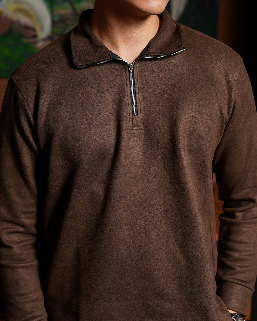 Polo Halfzip Suede Longsleeve  - Coffee