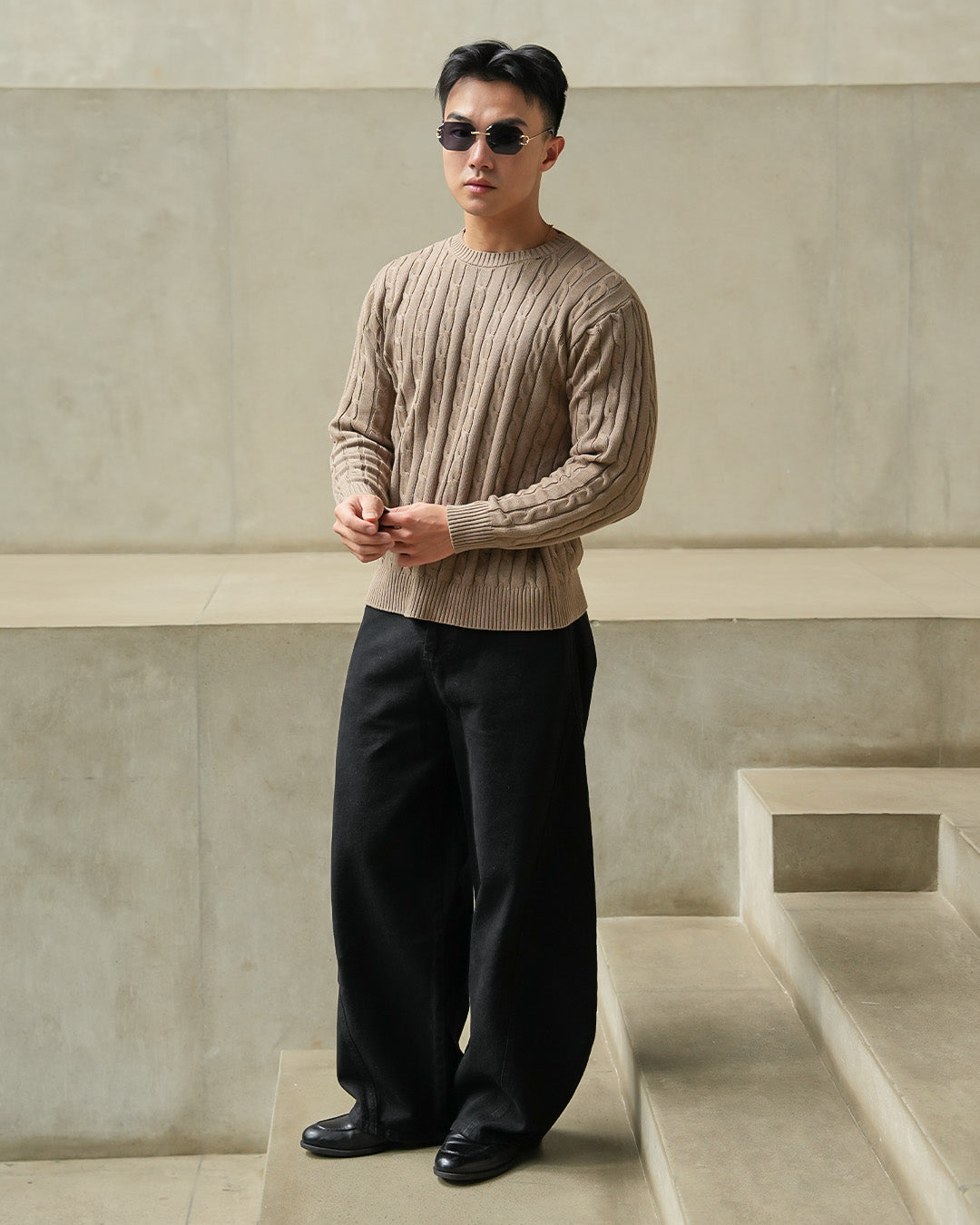 Crewneck Cable-Knit Cotton GG Sweater - Brown