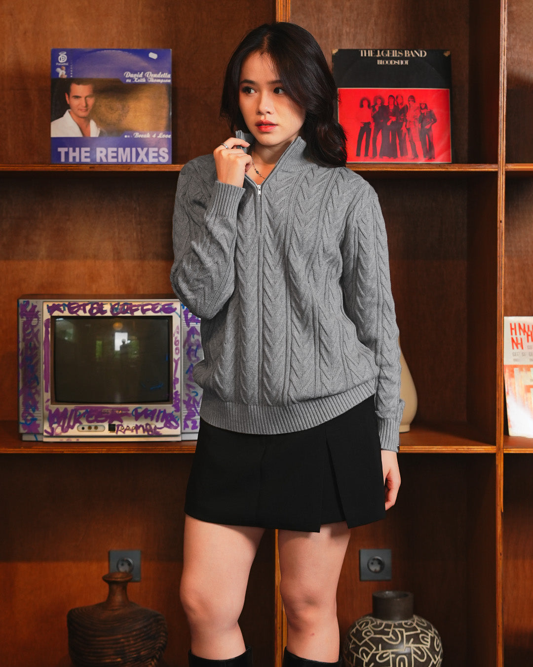 Weave Half Zip Knitwear - Gray