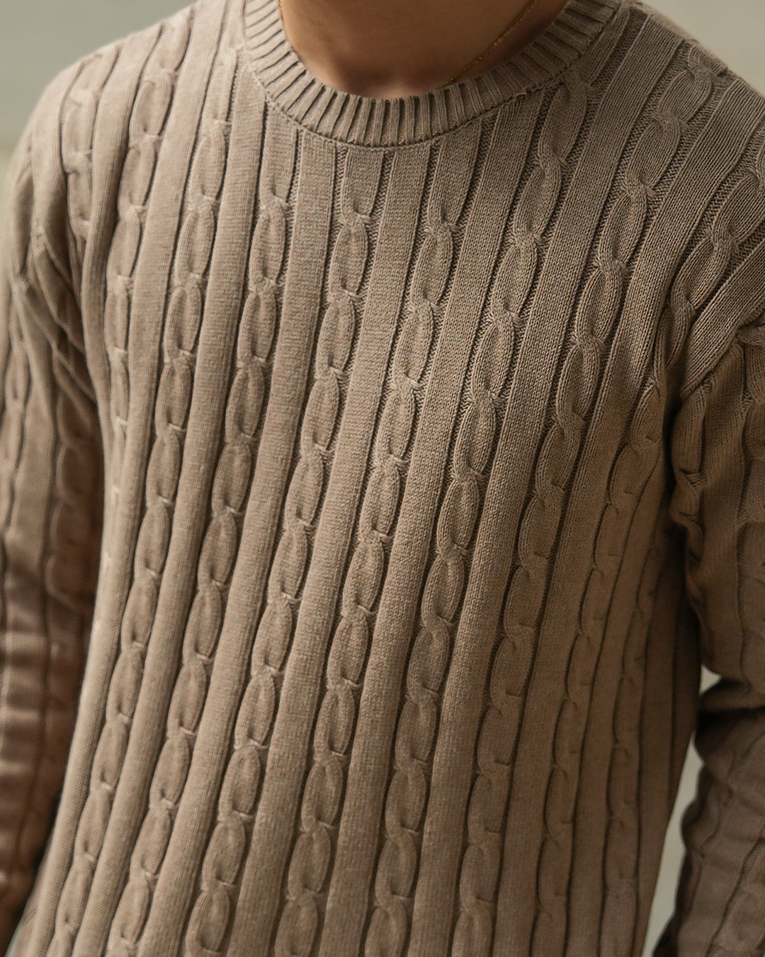 Crewneck Cable-Knit Cotton GG Sweater - Brown
