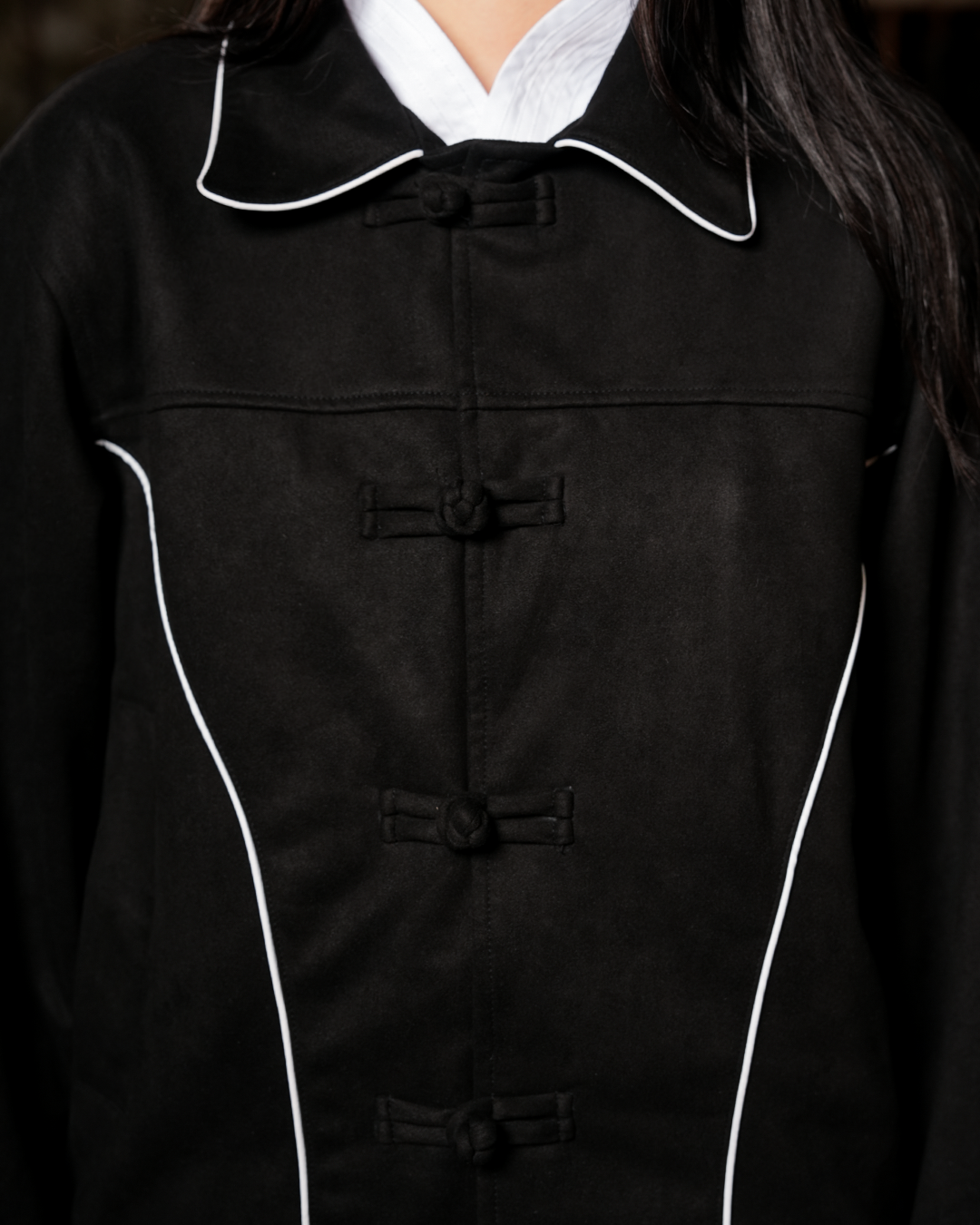 Accent Suede Chongsam Jacket - Black