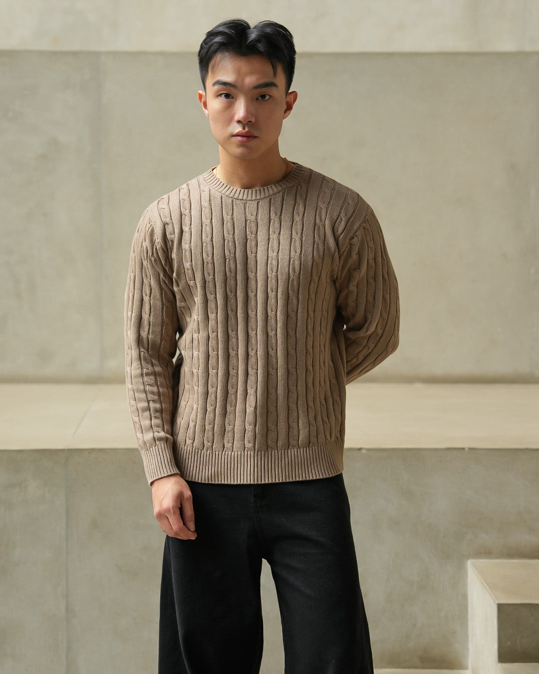 Crewneck Cable-Knit Cotton GG Sweater - Brown
