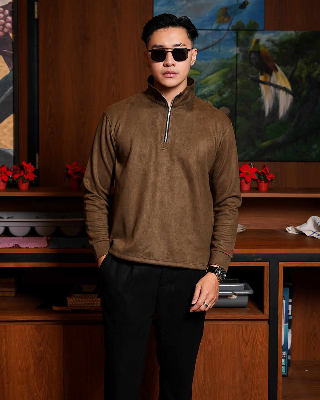 Polo Halfzip Suede Longsleeve  - Army