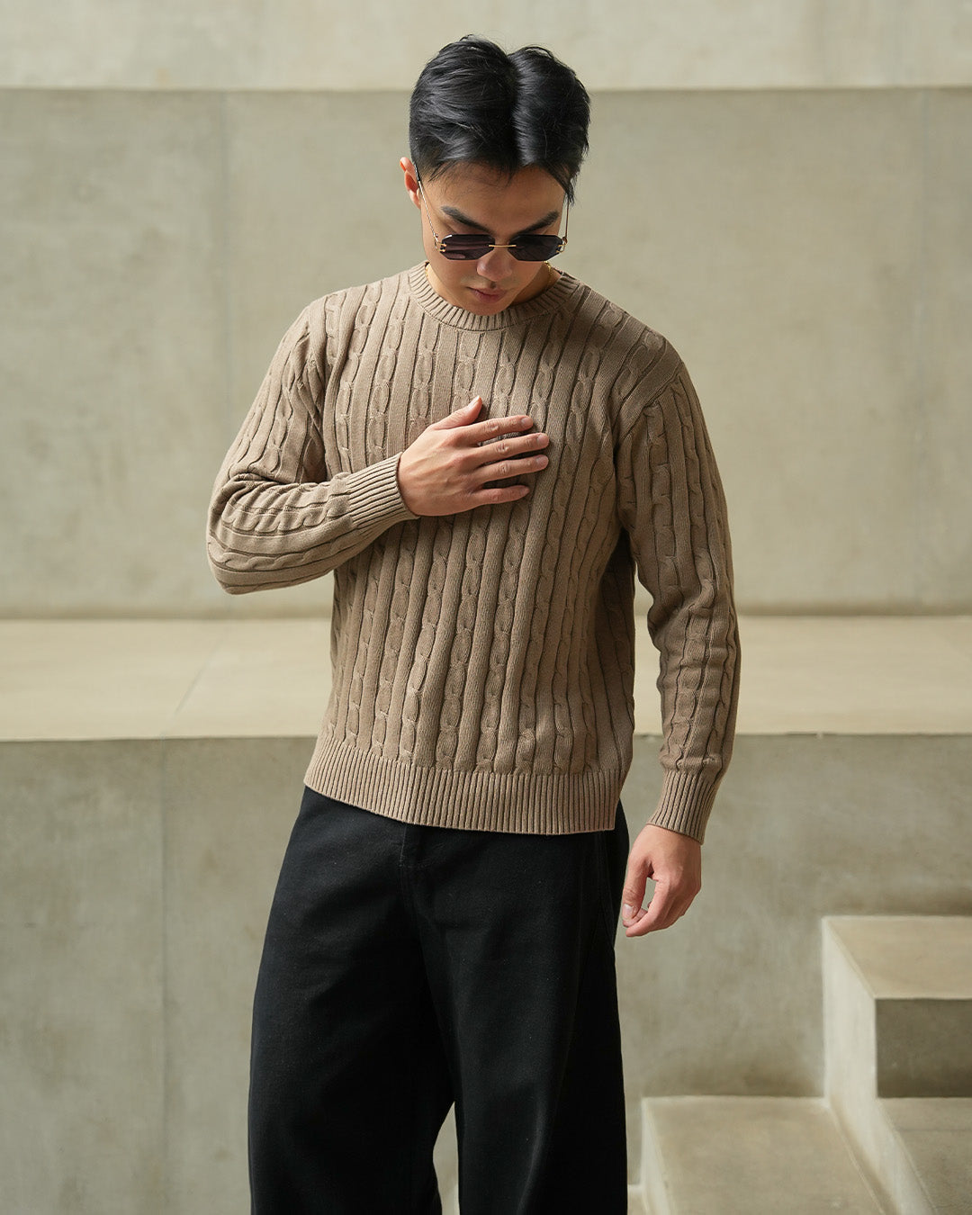 Crewneck Cable-Knit Cotton GG Sweater - Brown