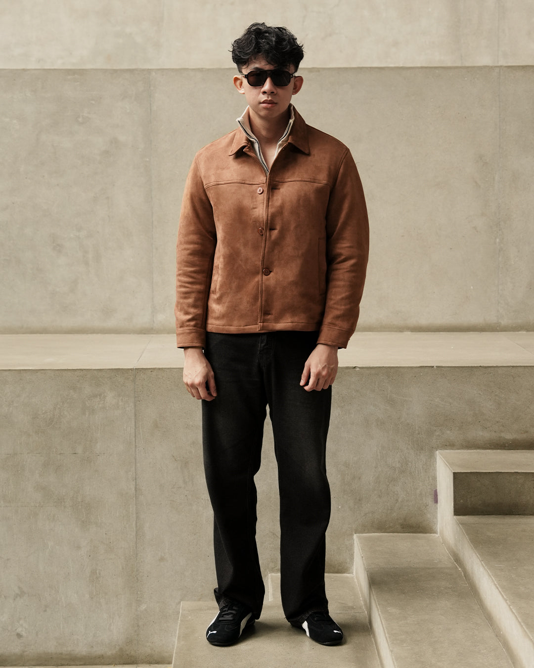 Minimal Button Suede Jacket - Camel