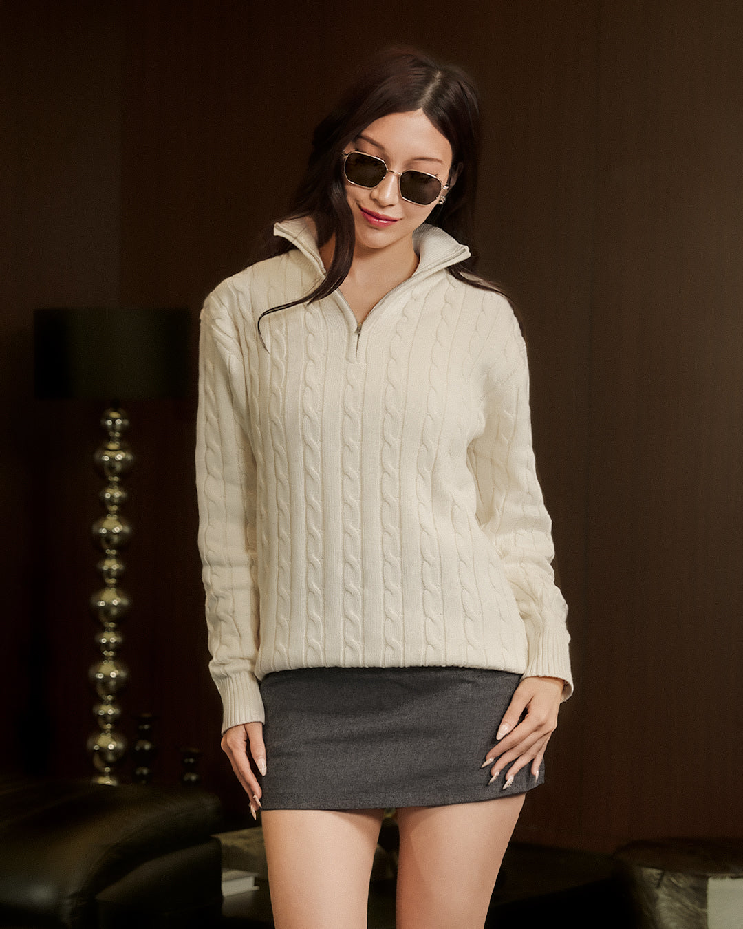 Cable-Knit Cotton GG Half-Zip Sweater