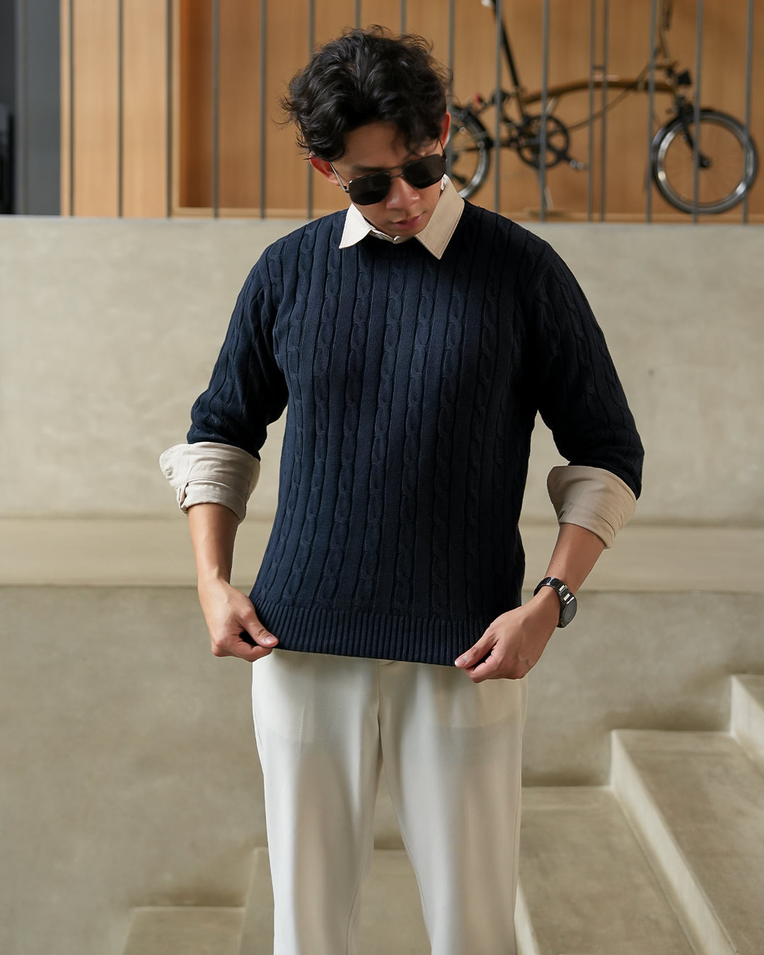 Crewneck Cable-Knit Cotton GG Sweater - Navy