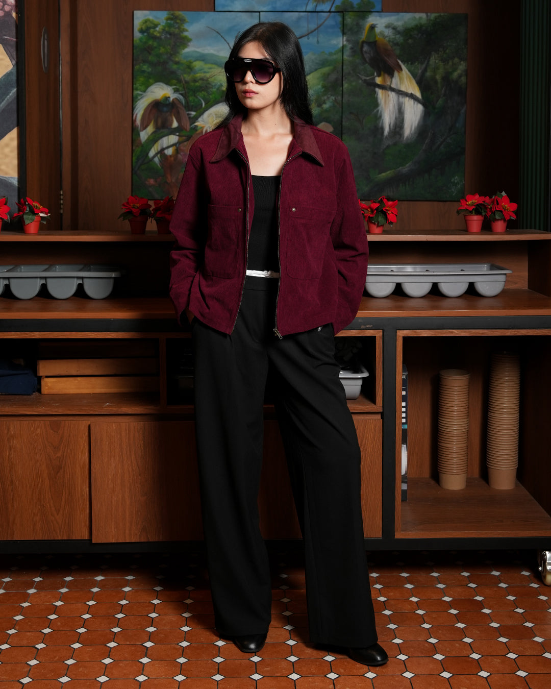 Corduroy Zipper Work Jacket - Maroon