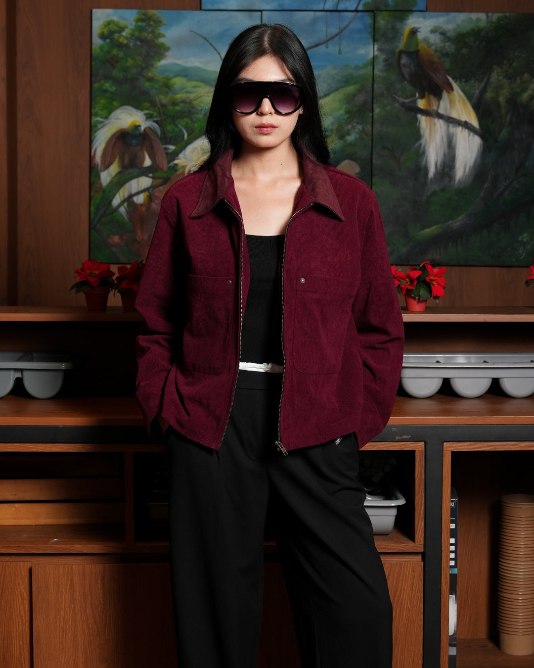 Corduroy Zipper Work Jacket - Maroon